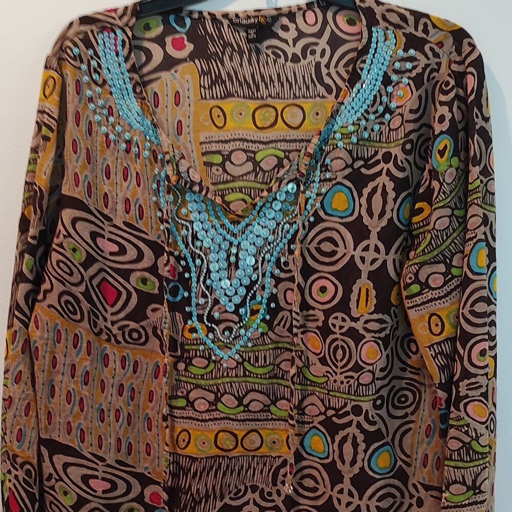 Women's Bohemian Chaudry KC Embellished Tunic Size Large